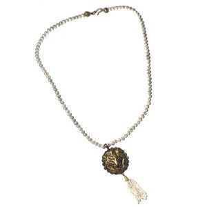 Vintage handmade lion head metal and pearls necklace